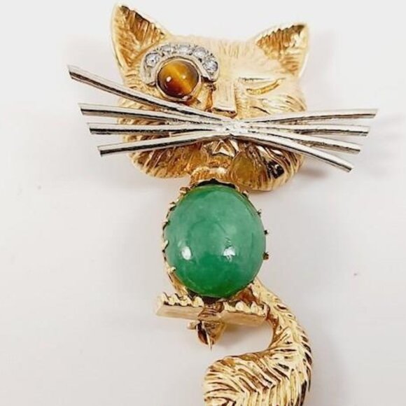 Vintage 14K Gold Winking Cat Pendant Brooch with Gemstones - Picture 10 of 14
